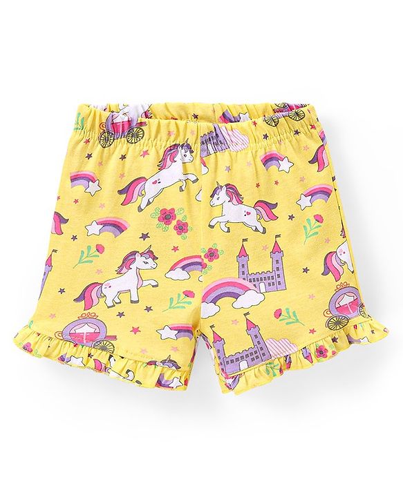 Babyhug Cotton Knit Frill Sleeves Unicorn Printed Night Suit - Pink & Yellow