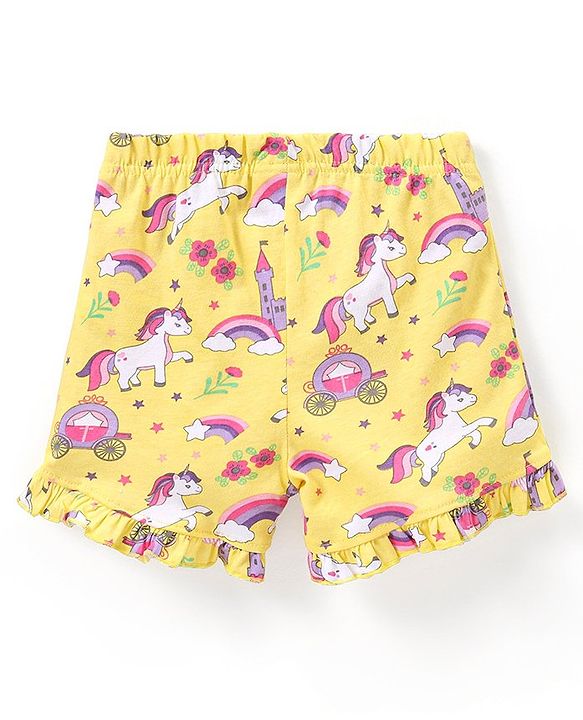 Babyhug Cotton Knit Frill Sleeves Unicorn Printed Night Suit - Pink & Yellow