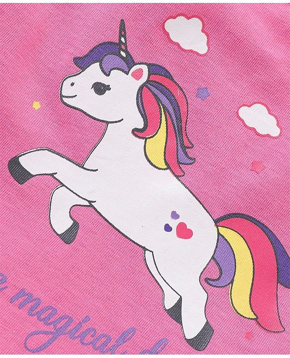 Babyhug Cotton Knit Frill Sleeves Unicorn Printed Night Suit - Pink & Yellow