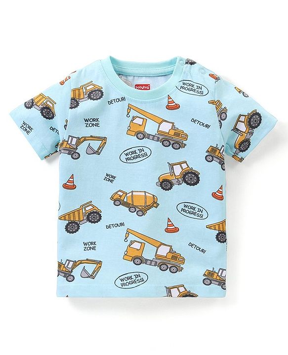 Babyhug Cotton Knit Half Sleeves Vehicles Printed Night Suit - Blue