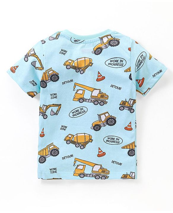 Babyhug Cotton Knit Half Sleeves Vehicles Printed Night Suit - Blue