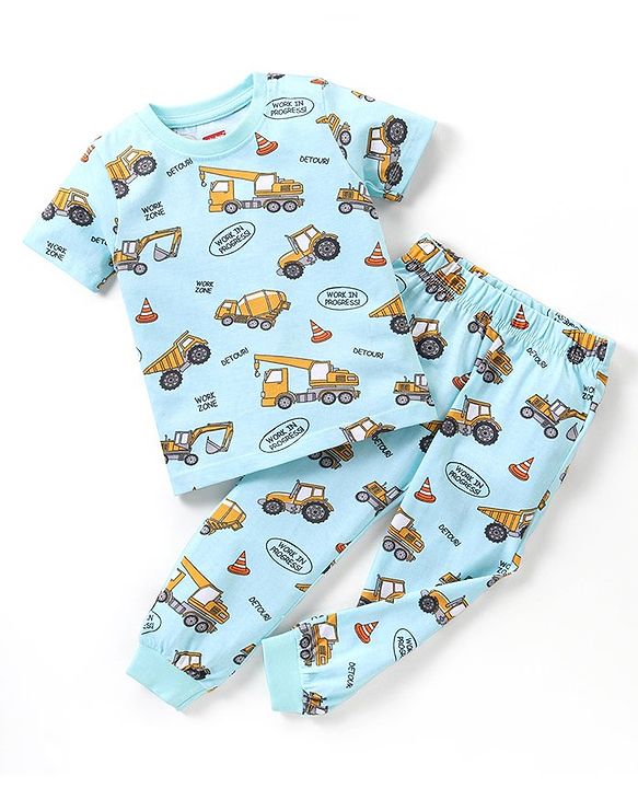 Babyhug Cotton Knit Half Sleeves Vehicles Printed Night Suit - Blue