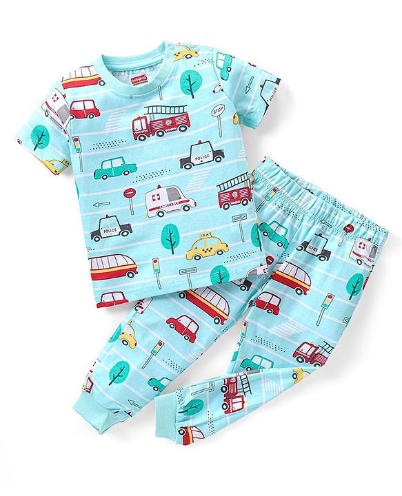 Babyhug Cotton Knit Half Sleeves Vehicles Printed Night Suit - Blue