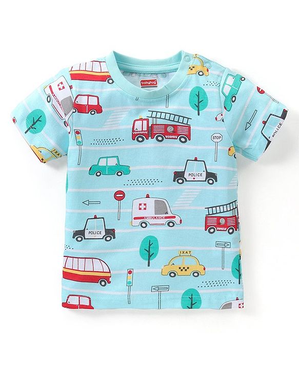 Babyhug Cotton Knit Half Sleeves Vehicles Printed Night Suit - Blue