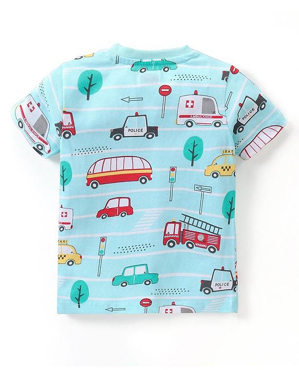 Babyhug Cotton Knit Half Sleeves Vehicles Printed Night Suit - Blue