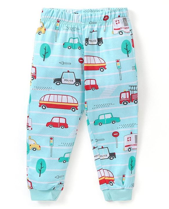 Babyhug Cotton Knit Half Sleeves Vehicles Printed Night Suit - Blue