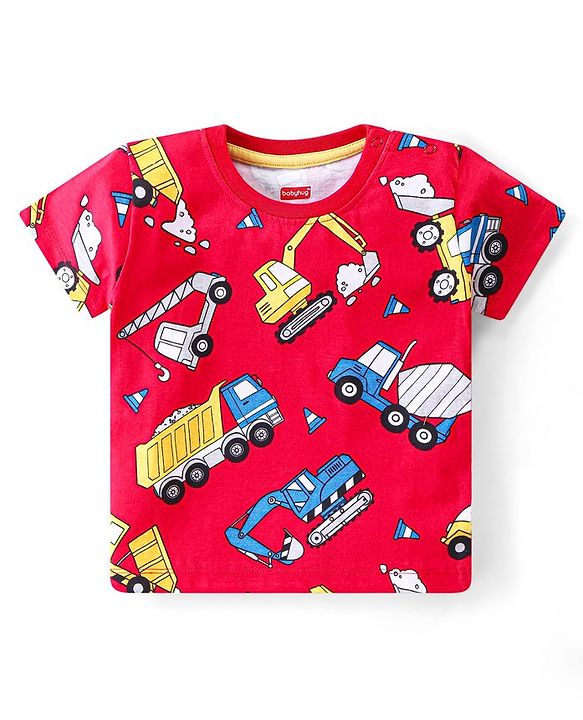Babyhug Single Jersey Knit Half Sleeves T-Shirt & Shorts Set Construction Vehicle Print - Red