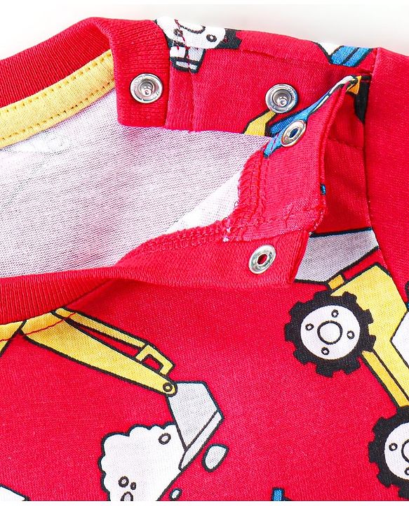 Babyhug Single Jersey Knit Half Sleeves T-Shirt & Shorts Set Construction Vehicle Print - Red