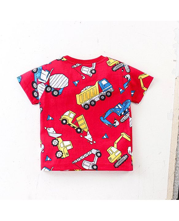 Babyhug Single Jersey Knit Half Sleeves T-Shirt & Shorts Set Construction Vehicle Print - Red