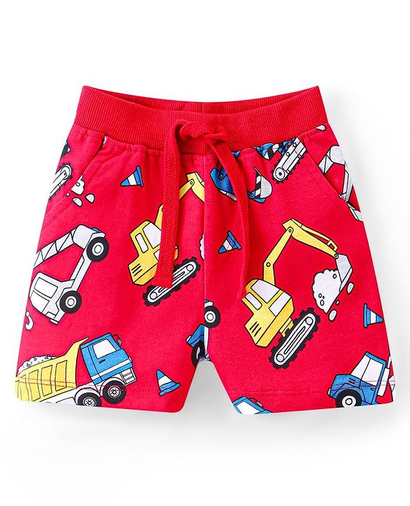 Babyhug Single Jersey Knit Half Sleeves T-Shirt & Shorts Set Construction Vehicle Print - Red