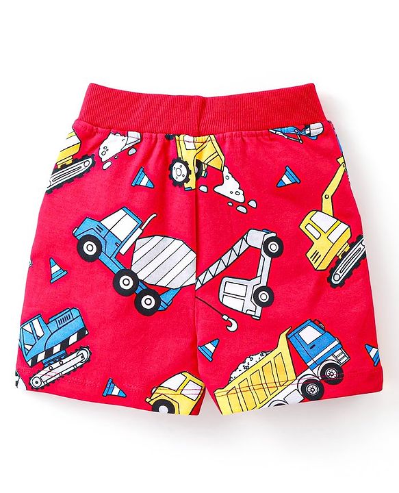 Babyhug Single Jersey Knit Half Sleeves T-Shirt & Shorts Set Construction Vehicle Print - Red