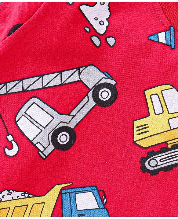 Babyhug Single Jersey Knit Half Sleeves T-Shirt & Shorts Set Construction Vehicle Print - Red
