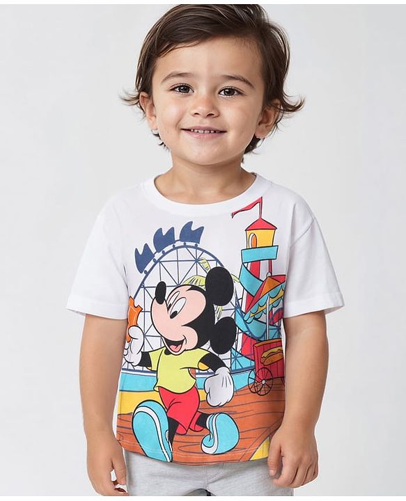 Babyhug Disney 100% Cotton Knit Half Sleeves T-Shirt Mickey Mouse Graphics - White
