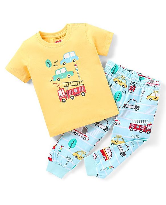 Babyhug Cotton Knit Half Sleeves Vehicles Printed Night Suit - Blue & Yellow