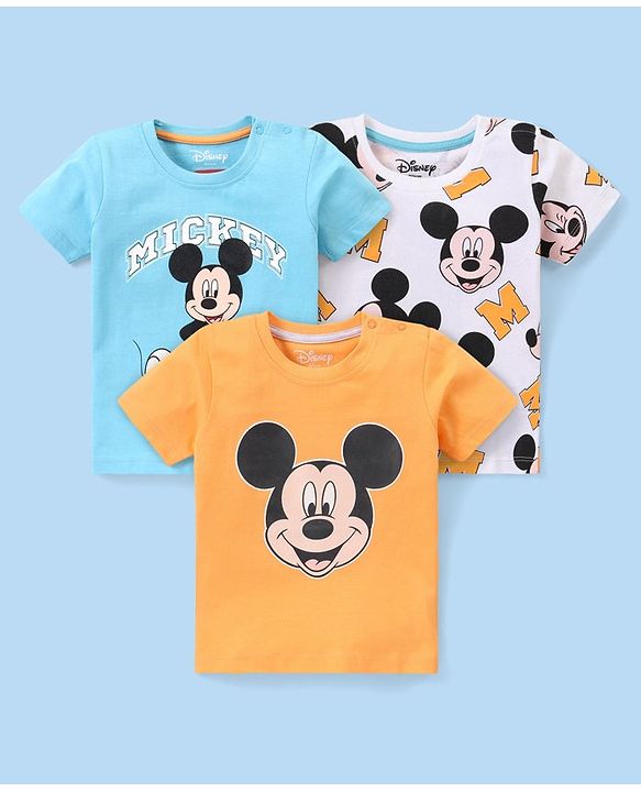 Babyhug Disney Cotton Knit Half Sleeves T-Shirt Mickey Mouse Graphics Pack of 3 - Multicolor