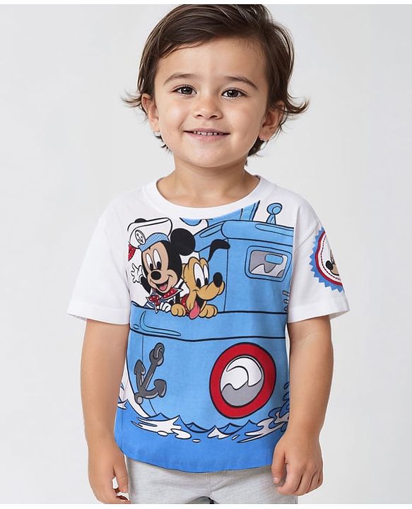 Babyhug Disney Cotton Knit Half Sleeves T-Shirt  with Mickey Mouse Graphics - White