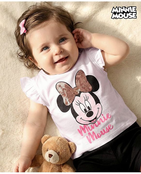 Babyhug Disney Cotton Knit Frill Sleeves Top with Minnie Mouse Graphics & Sequin Detailing - White