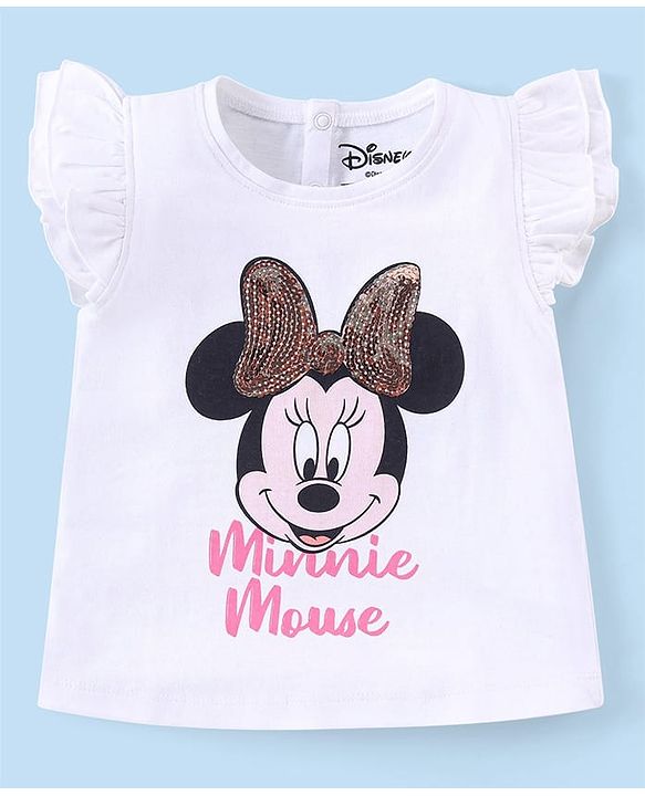 Babyhug Disney Cotton Knit Frill Sleeves Top with Minnie Mouse Graphics & Sequin Detailing - White