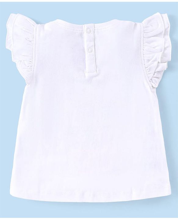 Babyhug Disney Cotton Knit Frill Sleeves Top with Minnie Mouse Graphics & Sequin Detailing - White