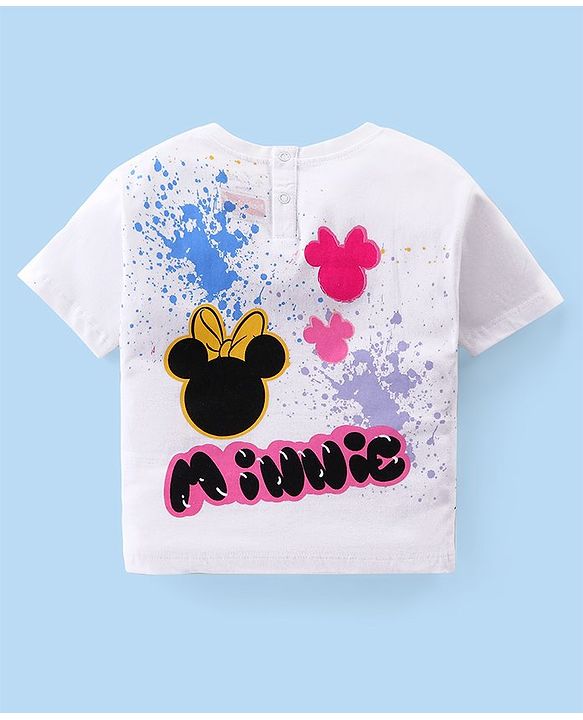 Babyhug Disney Cotton Knit Half Sleeves T-Shirt with Front & Back Minnie Mouse Graphics & Foil detailing - White