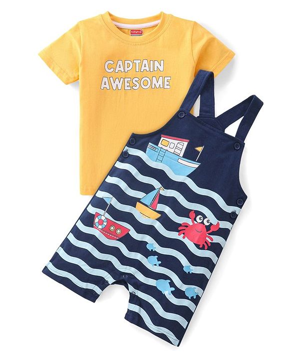 Babyhug Single Jersey Knit Dungaree with Half Sleeves T-Shirt Text & Boat Print - Yellow & Blue