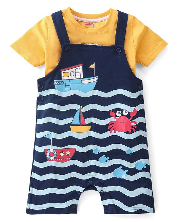 Babyhug Single Jersey Knit Dungaree with Half Sleeves T-Shirt Text & Boat Print - Yellow & Blue