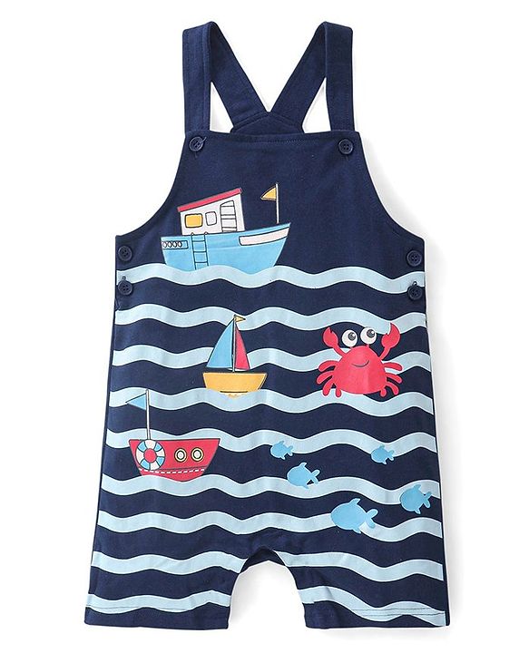 Babyhug Single Jersey Knit Dungaree with Half Sleeves T-Shirt Text & Boat Print - Yellow & Blue