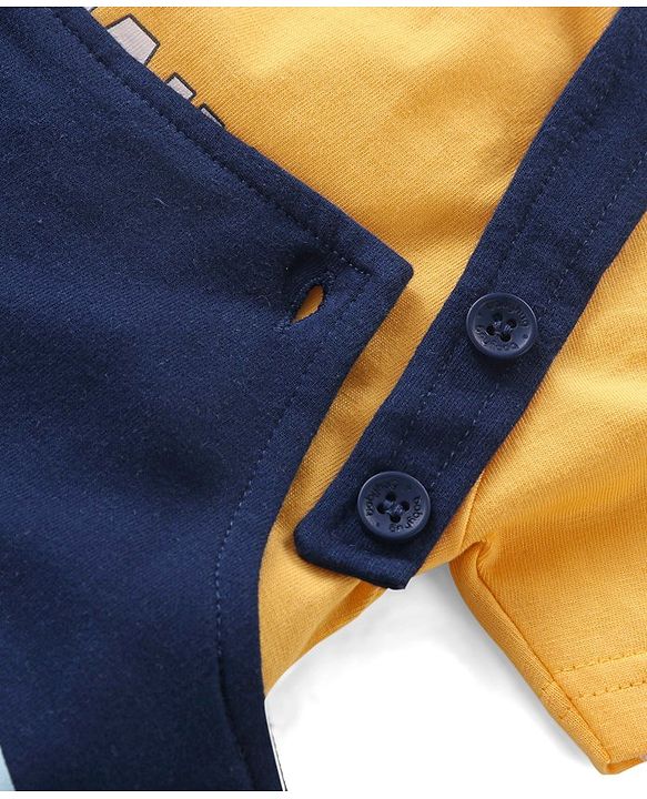 Babyhug Single Jersey Knit Dungaree with Half Sleeves T-Shirt Text & Boat Print - Yellow & Blue