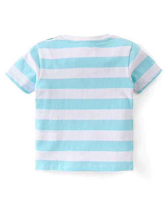 Babyhug Single Jersey Half Sleeves Striped Night Suit Giraffe & Bear Print - Light Blue