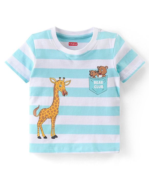 Babyhug Single Jersey Half Sleeves Striped Night Suit Giraffe & Bear Print - Light Blue