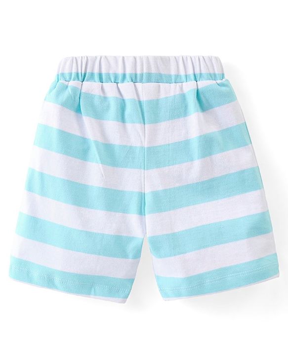 Babyhug Single Jersey Half Sleeves Striped Night Suit Giraffe & Bear Print - Light Blue