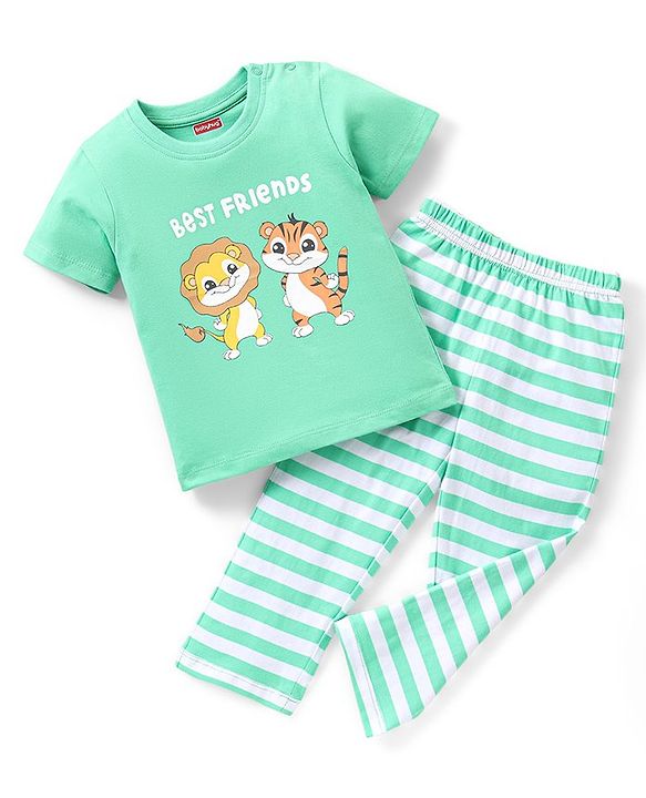 Babyhug Cotton Knit Half Sleeves Lion & Tiger Printed Night Suit - Green