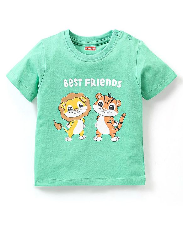Babyhug Cotton Knit Half Sleeves Lion & Tiger Printed Night Suit - Green