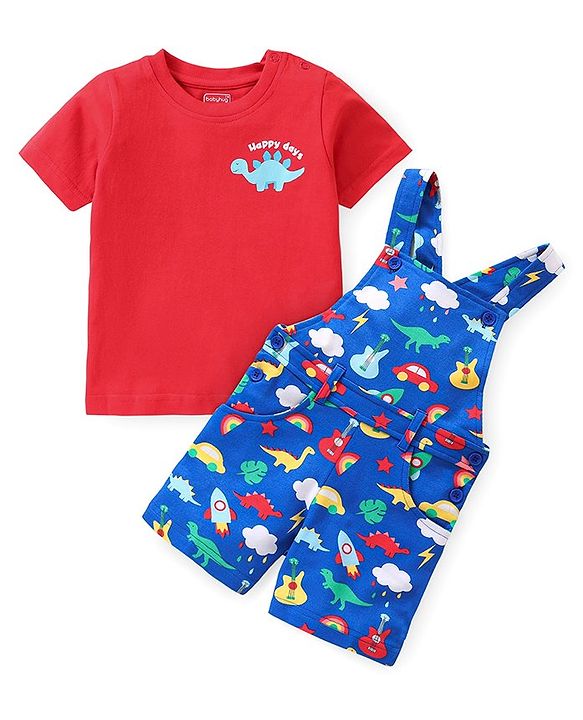 Babyhug Single Jersey Knit Dungaree &  Half Sleeves T-Shirt Dino Print - Red & Blue