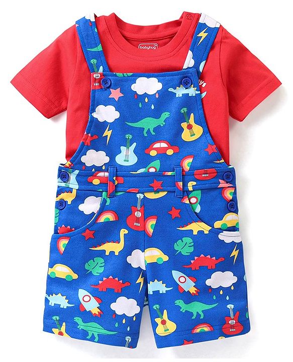 Babyhug Single Jersey Knit Dungaree &  Half Sleeves T-Shirt Dino Print - Red & Blue