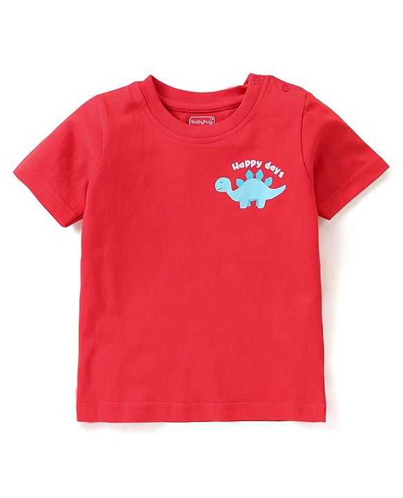 Babyhug Single Jersey Knit Dungaree &  Half Sleeves T-Shirt Dino Print - Red & Blue