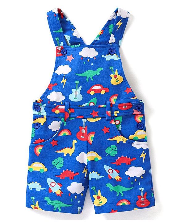Babyhug Single Jersey Knit Dungaree &  Half Sleeves T-Shirt Dino Print - Red & Blue