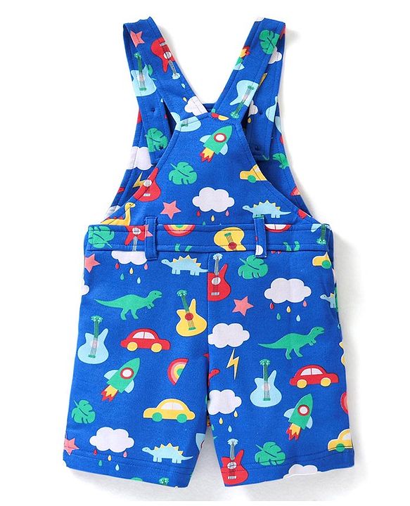 Babyhug Single Jersey Knit Dungaree &  Half Sleeves T-Shirt Dino Print - Red & Blue