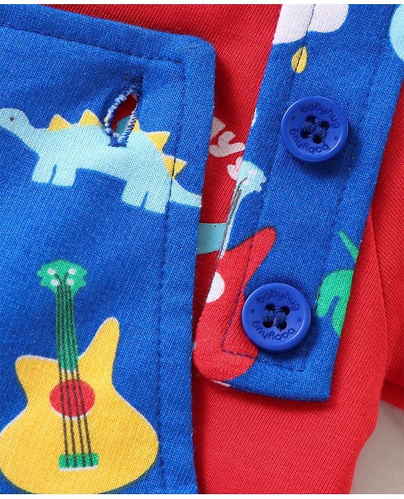 Babyhug Single Jersey Knit Dungaree &  Half Sleeves T-Shirt Dino Print - Red & Blue