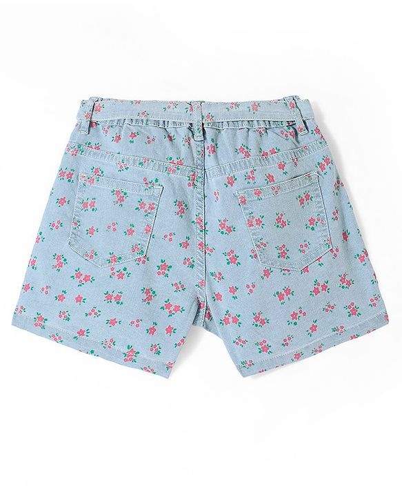Pine Kids Denim Mid Thigh Shorts with Belt Floral Print - Blue