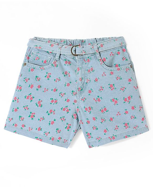 Pine Kids Denim Mid Thigh Shorts with Belt Floral Print - Blue