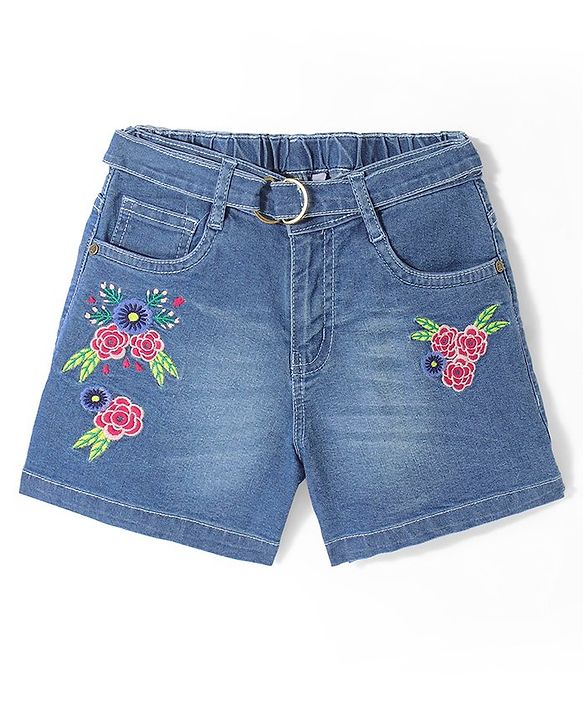 Pine Kids Denim Mid Thigh Shorts with Belt Floral Embroidery - Blue