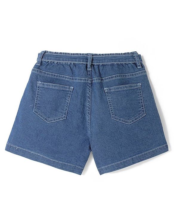 Pine Kids Denim Mid Thigh Shorts with Belt Floral Embroidery - Blue