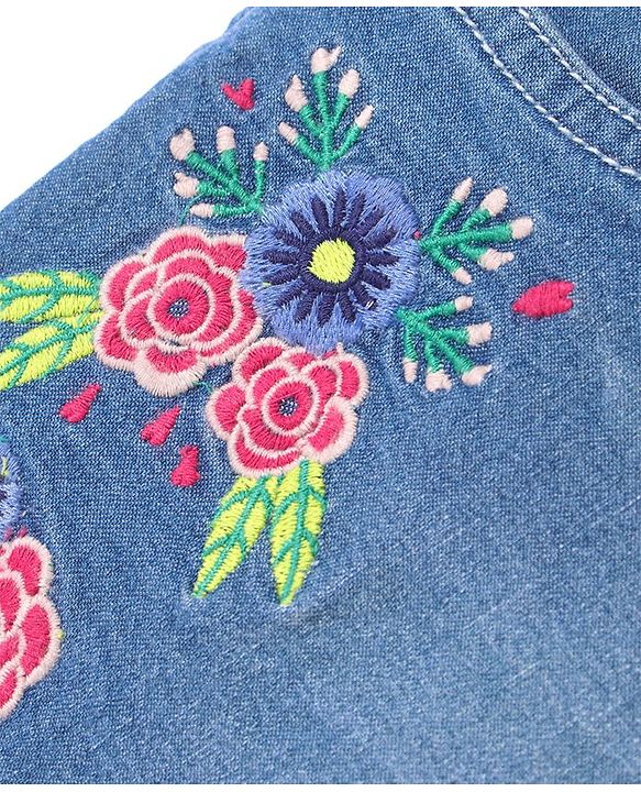 Pine Kids Denim Mid Thigh Shorts with Belt Floral Embroidery - Blue