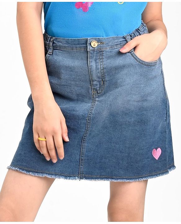 Pine Kids Cotton Stretchable Above Knee Length Denim Washed Skirt with Ombre Effect and Heart Print - Blue
