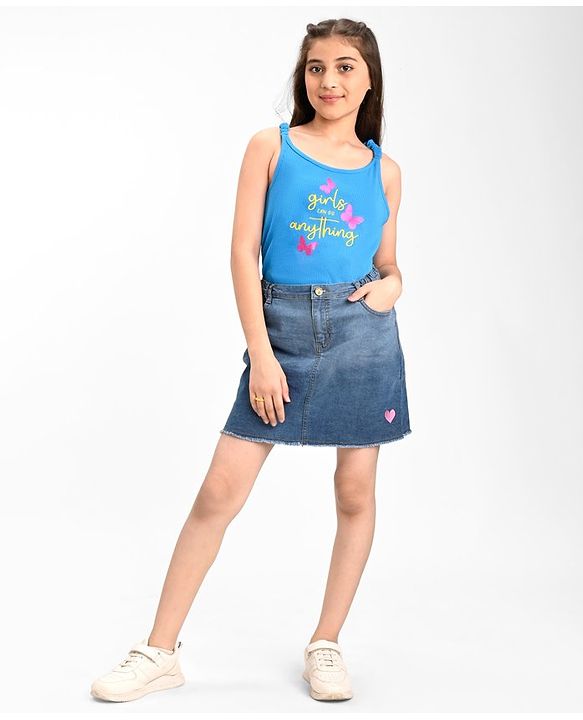 Pine Kids Cotton Stretchable Above Knee Length Denim Washed Skirt with Ombre Effect and Heart Print - Blue