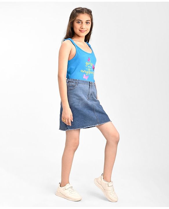 Pine Kids Cotton Stretchable Above Knee Length Denim Washed Skirt with Ombre Effect and Heart Print - Blue