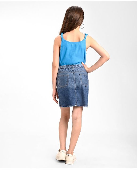 Pine Kids Cotton Stretchable Above Knee Length Denim Washed Skirt with Ombre Effect and Heart Print - Blue