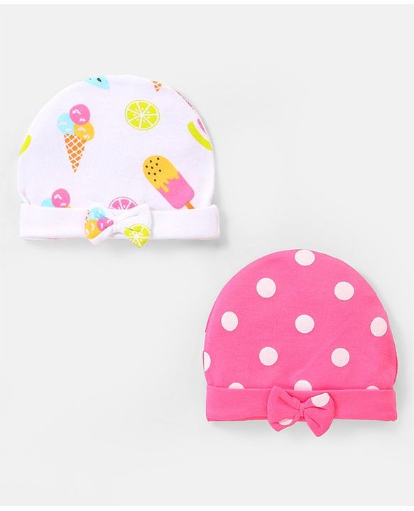 Babyhug 100% Cotton Caps with Bow Applique Ice Cream & Polka Dots Print Pack of 2 - Yellow White & Pink