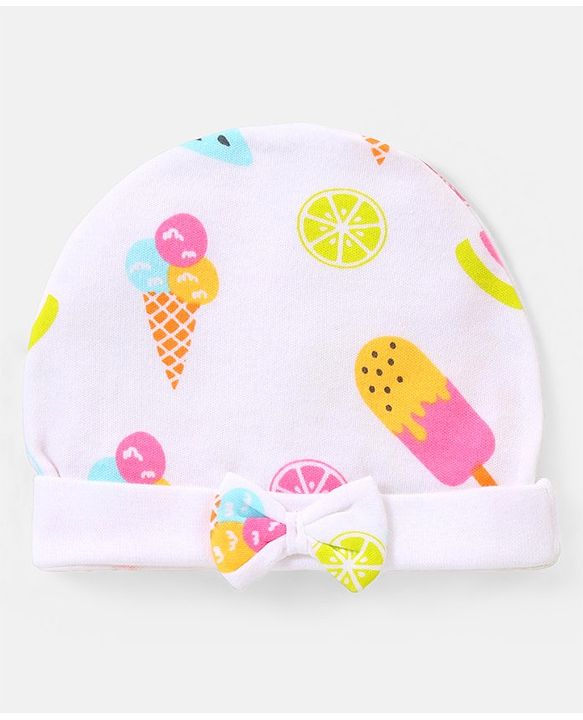 Babyhug 100% Cotton Caps with Bow Applique Ice Cream & Polka Dots Print Pack of 2 - Yellow White & Pink